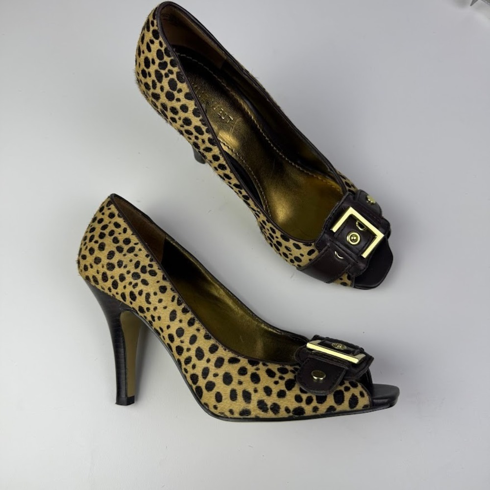 Nine West Leopard Print Pony Hair Peep Toe Heels Brown Buckle‎ Size 7.5M